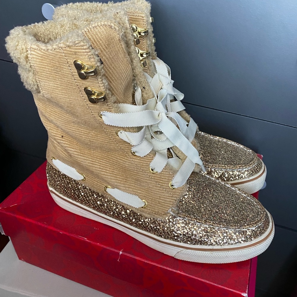 Sperry top sider women booties size 7.5 gold sparkles cream laces